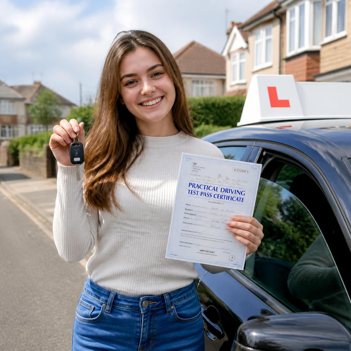 Learner driver celebrating passing their practical driving test