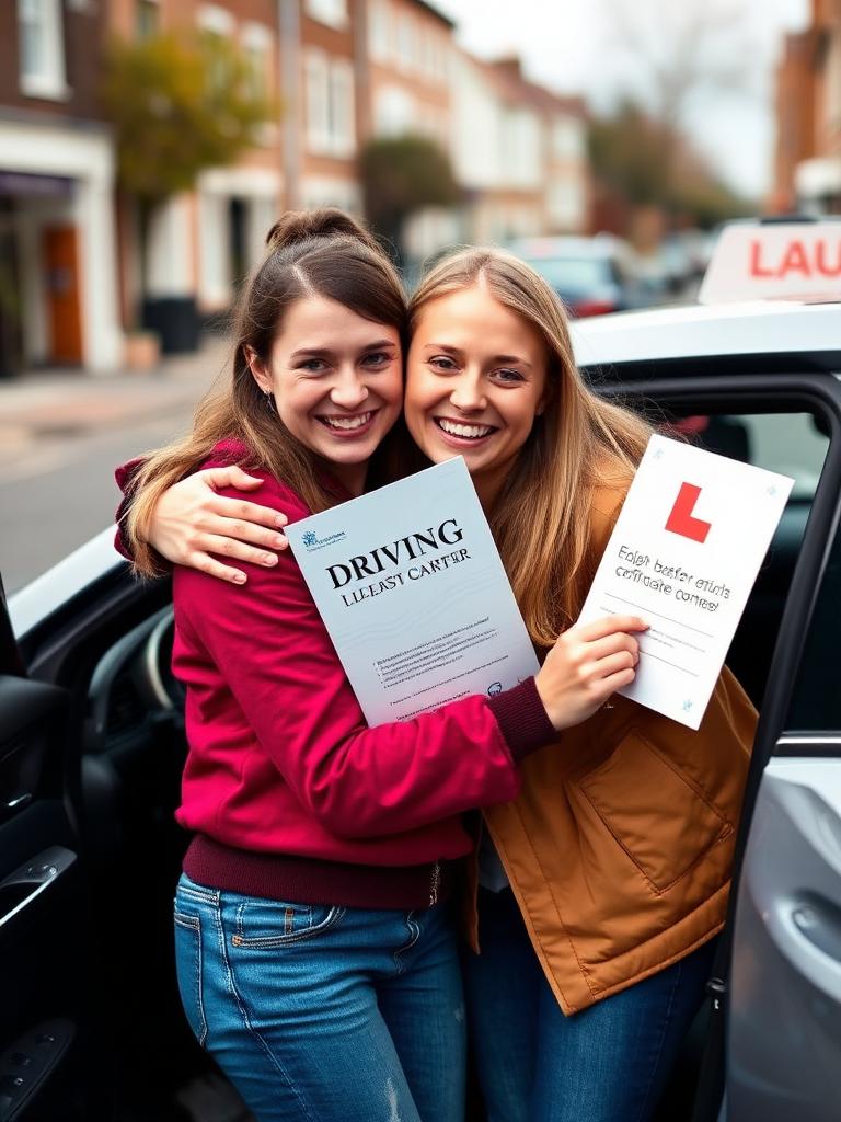 Ellie & Megan after passing their driving test in Nelson, Lancashire